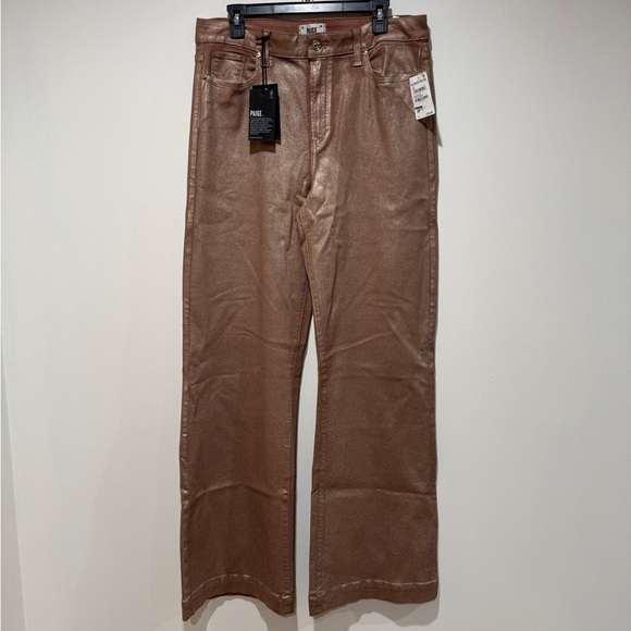 New Paige Leenah High Rise Wide Leg Jean 32 Metallic Rose Gold Simmering Coated - Picture 6 of 17